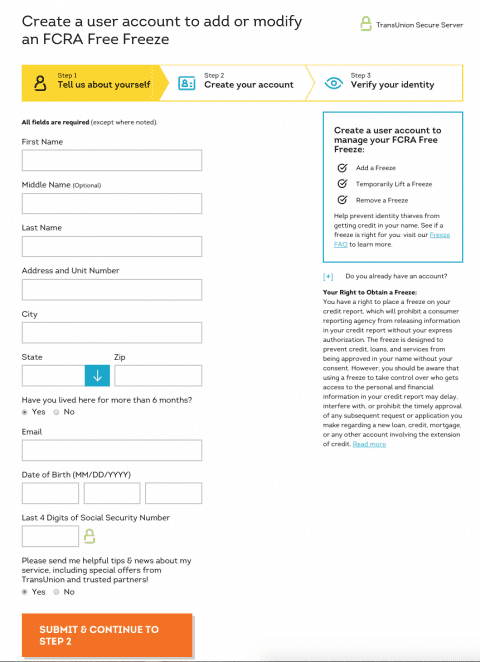 create a user account to add or modify an FCRA free freeze