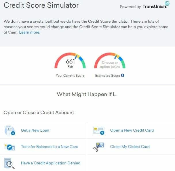 Screenshot of the credit score simulator
