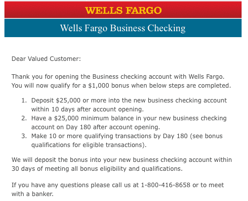 Wells Fargo $1,000 Business Checking Bonus