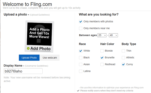 Signing Up of Fling.com