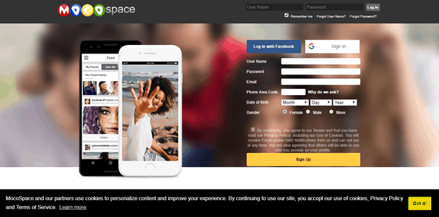 signing up in Mocospace