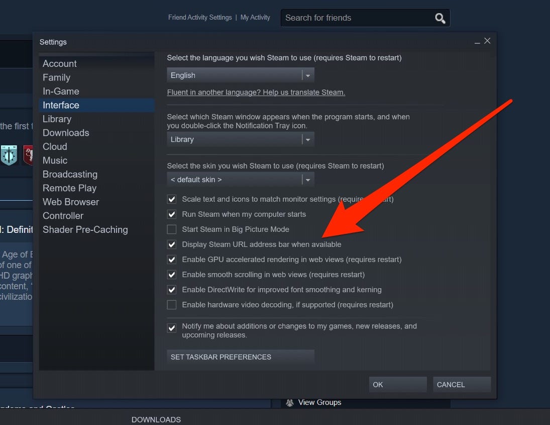 Display Steam URL address bar when available