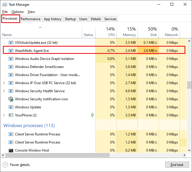 WaasMedic Agent Exe process tab