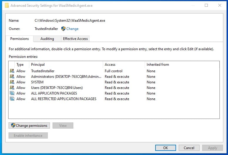 WaasMedic Agent properties security tab