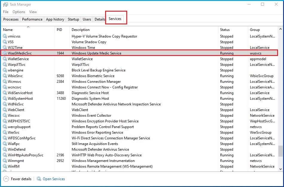 WaasMedicSvc services tab