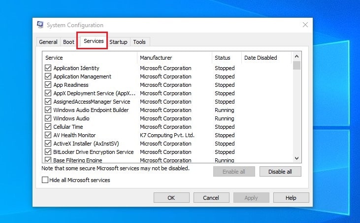 services tab once the system configuration console