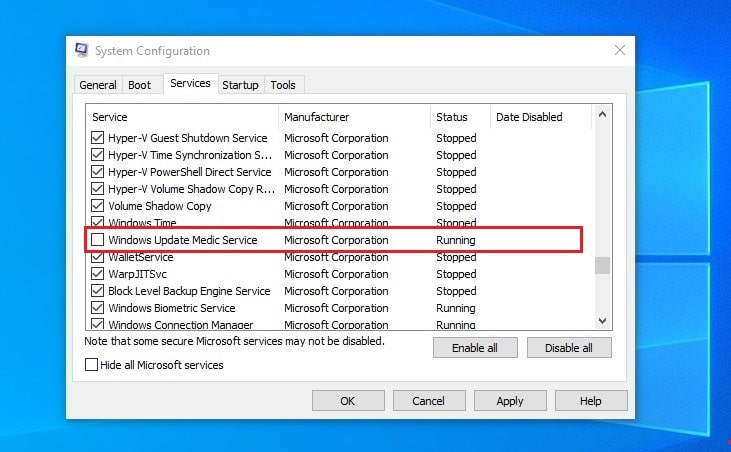 uncheck Windows Update Medic Service