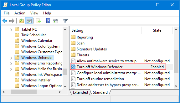 Turning On Windows Defender from the Group Policy