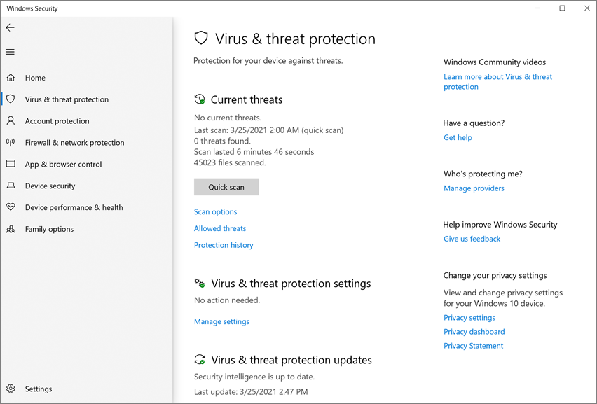 Turning On Windows Defender from the Settings