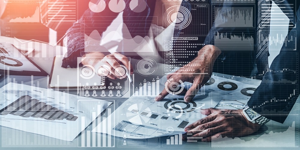 Big Data Technology for Business Finance Analytic Concept. Modern graphic interface shows massive information of business sale report, profit chart and stock market trends analysis on screen monitor.